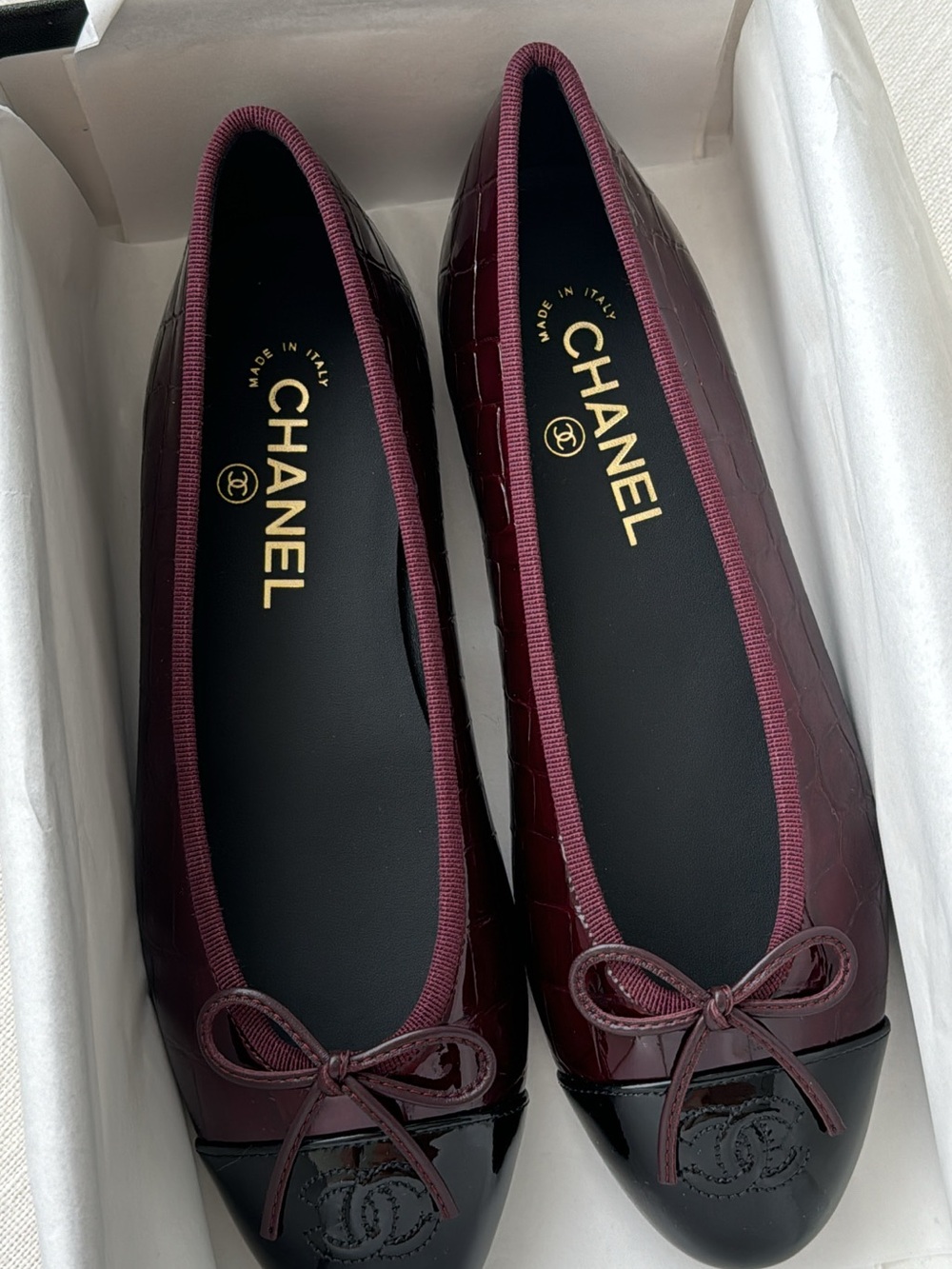 Chanel Burgundy Croc Patent Leather Ballet Flats - Picture 2 of 3